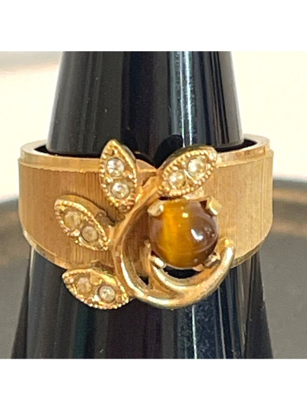 VTG 18KT HGE Gold Electroplate Tiger Eye Ring Statement Cocktail MCM Size 6.75